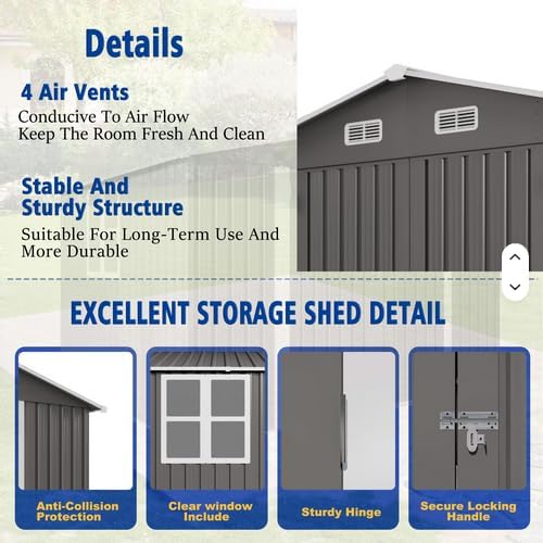 Outdoor Metal Storage Shed, 10x8 FT (120"x96"x76.4"), Galvanized Steel, Double Door, 4 Air Vents, Lockable Latch, Gray image 3
