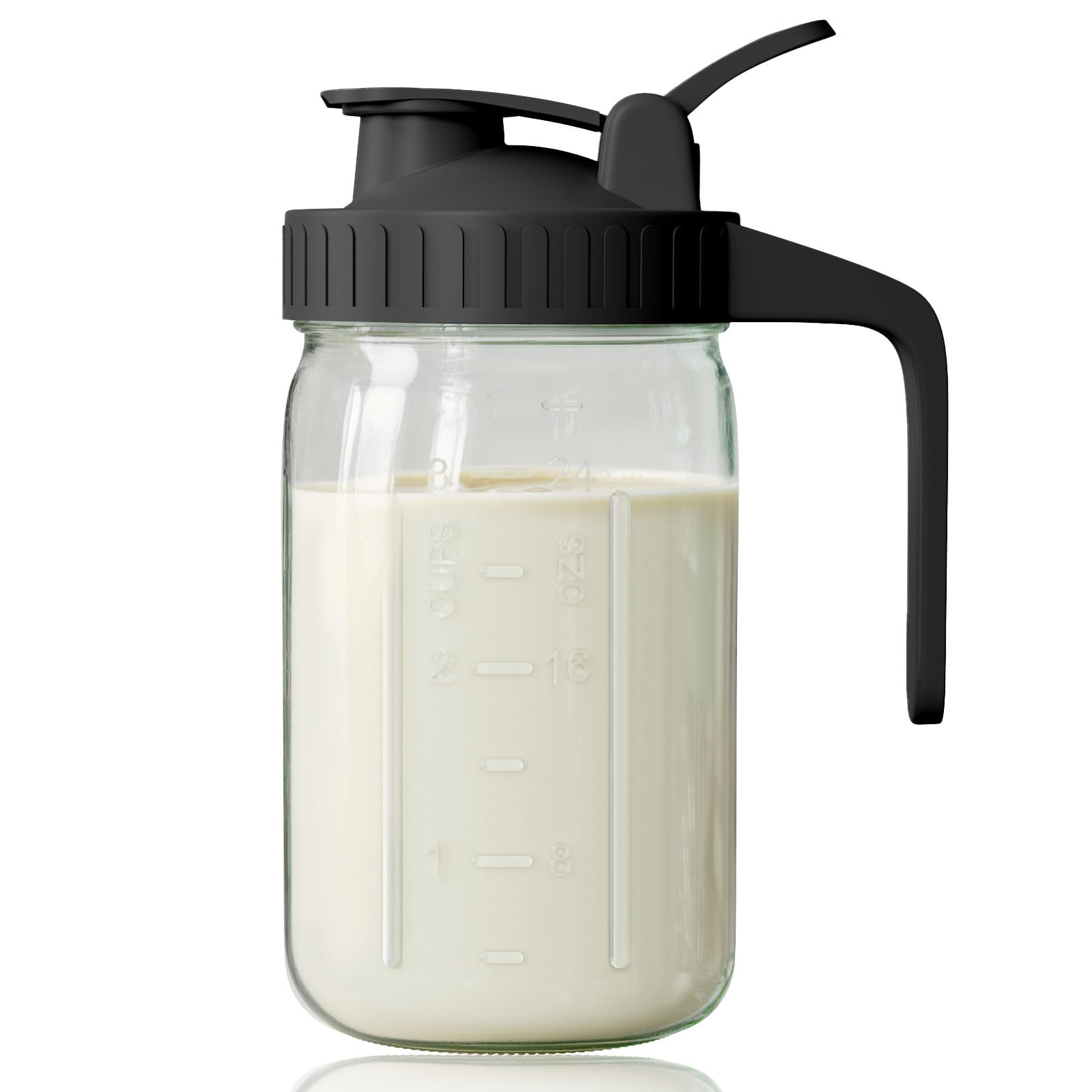 Breast Milk Pitcher, Mason Jar 32 oz, Wide Mouth Jar with Green Flip Cap Lid and Pour Spout, Heavy Duty Airtight Seal for Freshness and Convenience, Great for Cold Beverages and Home Entertaining