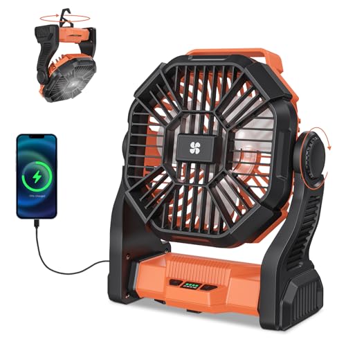 Deller Portable Camping Fans, Battery Operated Fan with LED Light 4 Speeds & Hook, Cordless Battery Powered Fans for Tent for Travel Bedroom Home Camping Tent Office Beach Desk Fishing Table