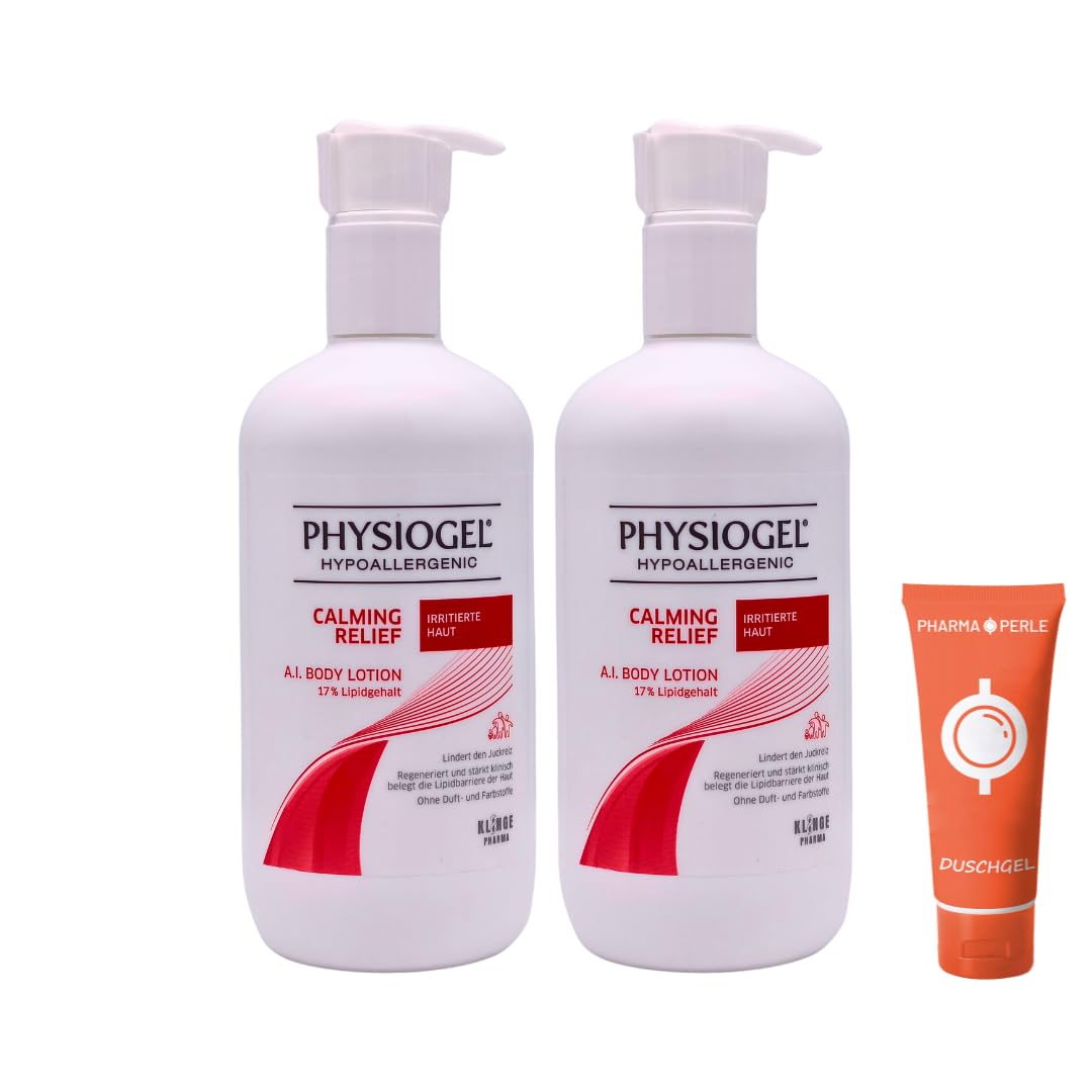 PHYSIOGEL Calming Relief A.I. Body Lotion 2x 400 ml I Pflegelotion für empfindliche, juckende & zu Neurodermitis neigender Haut I für Babys, Kinder & Erwachsene I Spar-Set plus Pharma Perle give-away