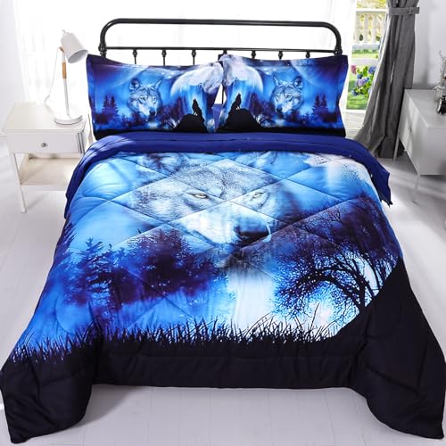 Wowelife Wolf Comforter Set for Queen Bed 5 Piece Wolf Bedding Set Blue Forest Kids Bedding Set Bed in a Bag for Boys with Comforter, Flat Sheet, Fitted Sheet and 2 Pillowcases