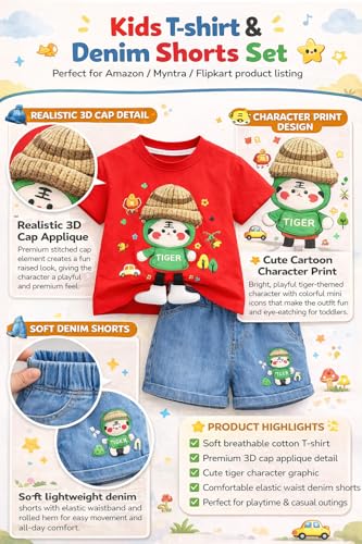 Image of Bold N Elegant Kids Half Sleeve 3D Cartoon Tiger Cotton T-Shirt with Denim Shorts Summer CLothing Set for Infant Toddler Preschool Boys n Girls | Cook Outfit For Kids