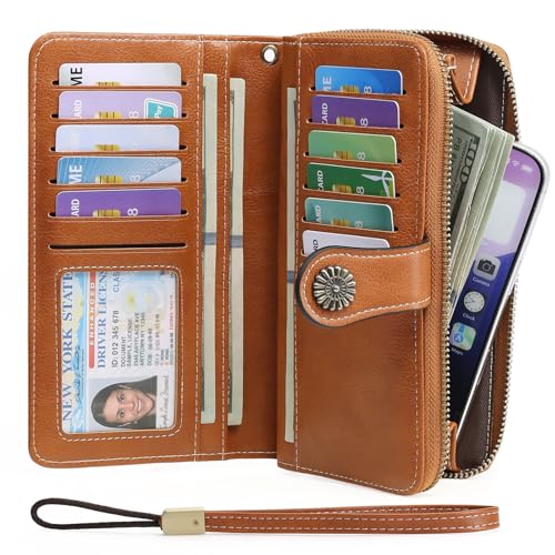 Image of Wristlet Wallets for Women Leather Credit Card Holder Bifold Brown | RFID Blocking, Large Capacity, Ladies Phone Clutch Purse with Zippered Coin Pocket