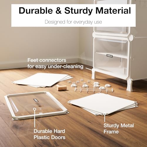 Image of BOXJOY 8 Shelf White Shoe Rack with 4 Transparent Doors, Magnets and 5 Hook Steel Holder for Home Storage Box Organizer, Hard PET Plastic with Metal Door Frame, Shoe Chappal Slipper Sandals Stand