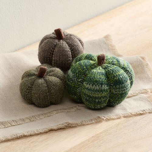 Image of Set of 3 Cozy Mini Knit Pumpkins (Juniper Multi-Size Set) | Autumn Table Home Decor, Fall Seasonal Gift, Green Accent Kitchen Decor