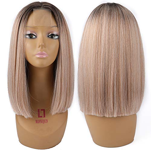 Forfeels Brown to Blonde Ombre Color lace Wig Synthetic Straight Hair Bob Cut Wig Middle Part Shoulder Length Fashion Bob Wigs for Women (16inch, Ash Blonde)