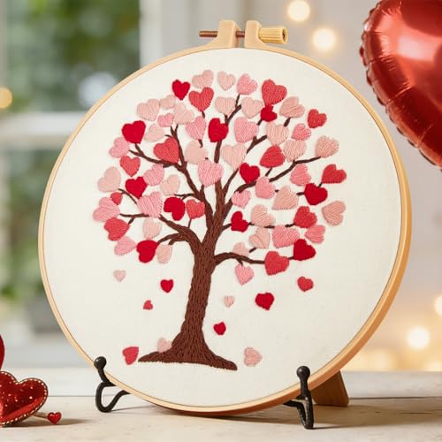 Image of Love Heart Tree Embroidery Kits for Beginners Adults, Valentine's Day Hand Embroidery Kits, Cross Stitch Kits for Adult Anniversary Valentine's Gift, Entire Set of Embroidery Supplies & Video Tutorial