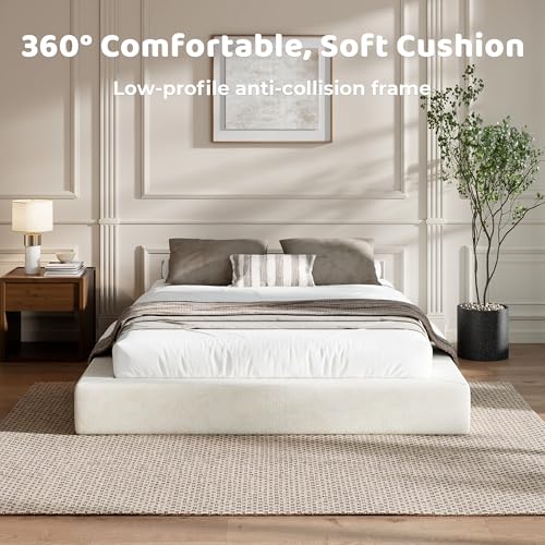 Image of RECCI AirFrame Queen Bed Frame, Cloud Upholstered Platform Bed Frame, 5 Inch Fully Boxy Foam Cushioned, Square Shape Base, No Box Spring Needed, Easy Assembly | Beige Chenille, Soft Low-Profile