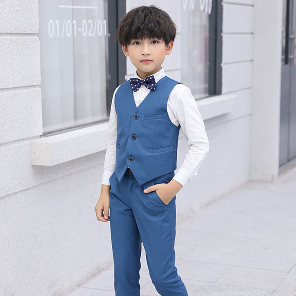 FYMNSI - Completo da smoking per bambini, a maniche lunghe, con fiocco e papillon + giubbotto + pantaloni, set di formale, festa di matrimonio, cerimonia, 4-16 anni, blu, 6-7 Anni