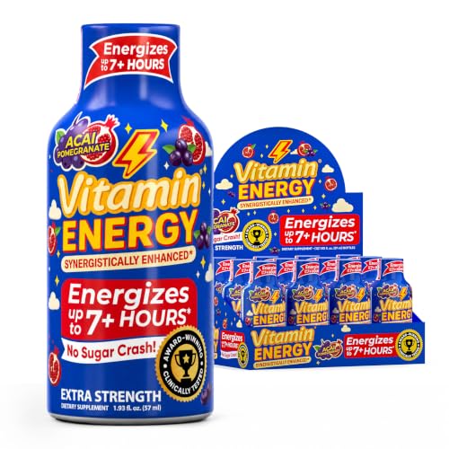 Image of Vitamin Energy Acai Pomegranate Extra Strength Energy Shot, 12 Pack - Up to 7 Hrs, 260mg Natural Caffeine, Zero Sugar - B12 11,000% DV + B6 2,118% DV + Taurine 1,500mg, 1.93 fl oz, Keto Vegan