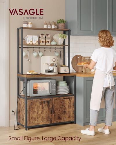 Image of VASAGLE Kitchen Bakers Rack with Power Outlet, Coffee Bar with 35.4-Inch High Worktop, Microwave Stand with 8 Hooks, 15.7 x 31.5 x 66.9 Inches, Rustic Brown and Ink Black UKKS059K01
