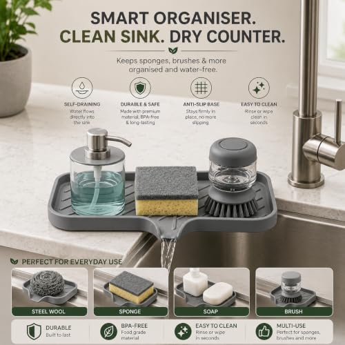 Image of Clazkit Silicone Soap Tray for Kitchen Sink | Self-Draining Soap Dish with Waterfall Design | Flexible, Non-Slip Holder for Soap, Sponge & Brush