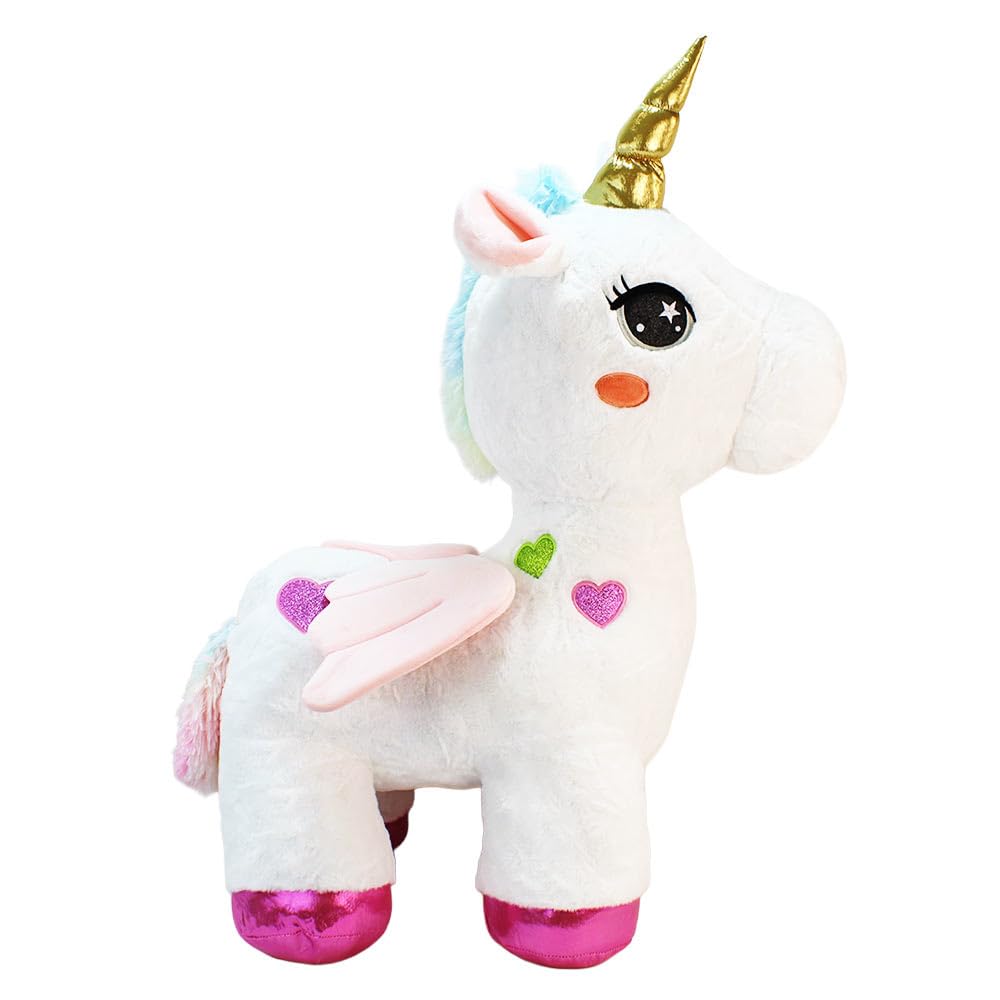 BEMIRO XXL Einhorn Kuscheltier – ca. 90 cm – großes Plüschtier mit goldenem Horn und Glitzerherzen – Farben Rosa oder Weiß wählbar