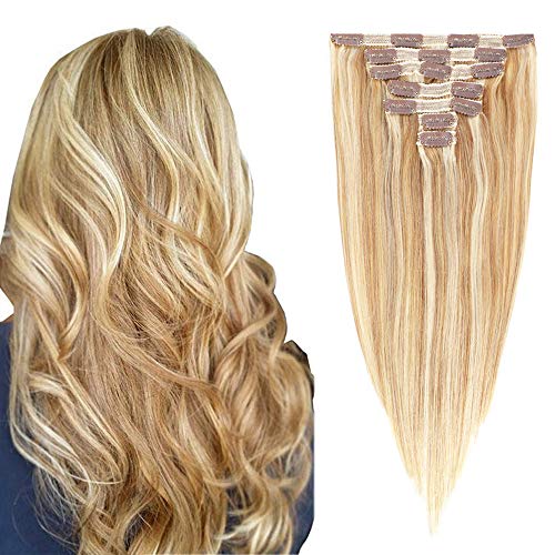 Adette Strawberry Blonde with Bleach Blonde Premium Remy Human Hair Straight Clip In Hair Extensions for Black Women 100% Brazilian Human Hair Straight Clip Ins 27/613# 18 Inches 7pcs