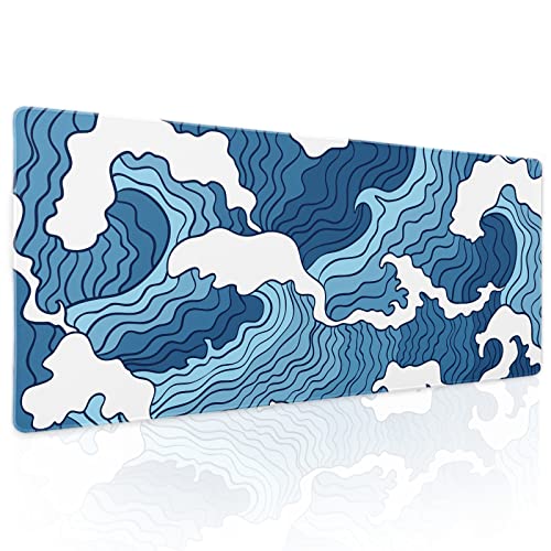 Image of Japanese Blue and White Wave Gaming Mouse Pad XL Anime Sea Texture Extended Large Desk Mat Big Mousepad Non-Slip Rubber Base Stitched Edge Long Desk Pad for Desktop PC Computer Gamer,31.5x11.8 Inch