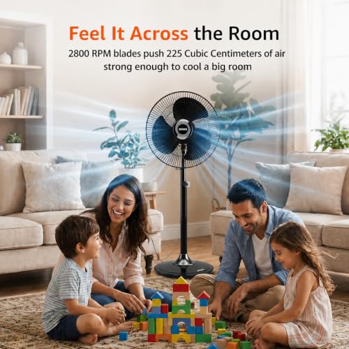 Image of SPINKS Pedestal Fan 400mm High Speed | 2400 RPM Bullet Fan | Powerful Air Throw Cooling Fan | Stand Fan for Home, Office & Shop | Adjustable Height | Heavy Duty Motor | 5 Year Warranty | Black