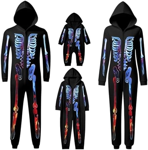 Family Matching Halloween Onesie Pajamas, Funny Skeleton Hooded Zipper PJs Holiday Jumpsuit Loungewear for Men/Women