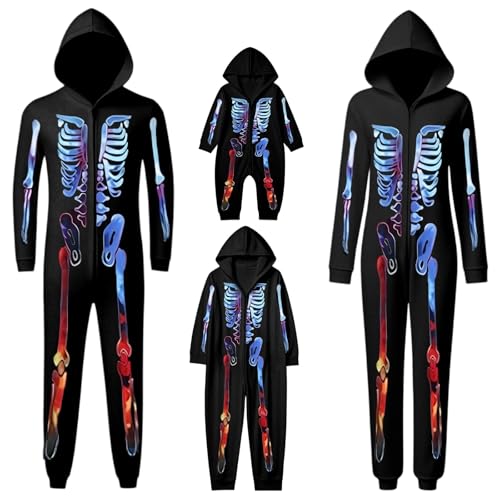 Family Matching Halloween Onesie Pajamas, Funny Skeleton Hooded Zipper PJs Holiday Loungewear for Men/Women