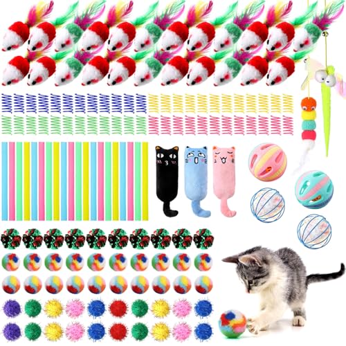 Shappy 150 Pcs Cat Toys for Indoor Cats Bulk Kitten Toys Pack Variety Interactive Gift Including Mice Rainbow Balls Spring Crinkle Balls Gift for Kitty Kitten Cat(Funny)