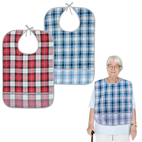 BOYSSPAA 2 baberos impermeables de doble capa para ancianos, lavables, para adultos, para mujeres y hombres, protectores de ropa reutilizables para evitar manchas de ropa y desorden mientras comen,