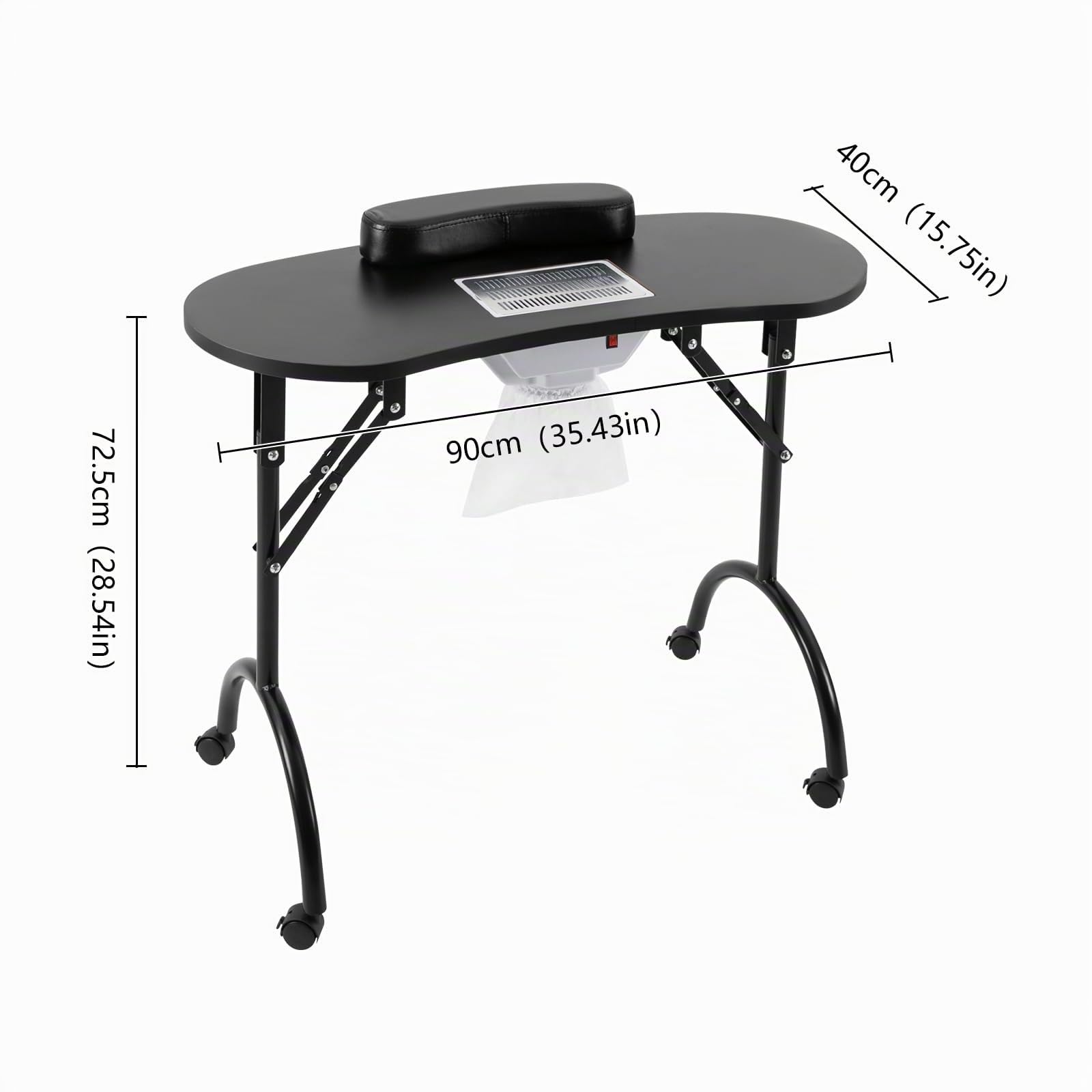 Mesa de manicura plegable con aspiración, mesa de manicura portátil con ruedas y cojín para la muñeca, mesa de manicura portátil para corte de cabello, cosmética y cuidado de uñas