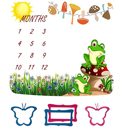 Image of Frog Mushroom Monthly Milestone Blanket, Nature Floral Unisex,48x40in | Lightweight cotton milestone mat,frog mushroom floral print, decorative butterfly frames for monthly growth record