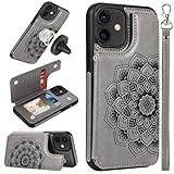 CASEOWL Case Wallet Compatible for iPhone 12/12 Pro with Card Holder,RFID Blocking,Kick Stand,Wrist Strap,Fit Magnetic Car Mount,Mandala Embossed Leather Case Compatible for iPhone 12/12 Pro Gray
