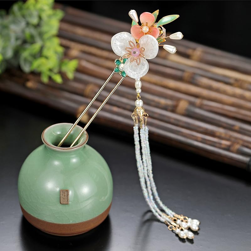 Rabithenn Gardenia Pearl Tassels Hairpin Chinese Hanfu Style Hair Fork Retro Flower with Metal Handmade Hair Clip Hair Accessories for Women Girls