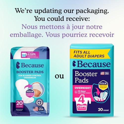 Image of Because Overnight Incontinence Booster Pads for Men and Women, Adds 4 Cups Extra Absorbency to Adult Diapers, Super Soft, Adhesive Strip Backing, Unisex, 20 Count