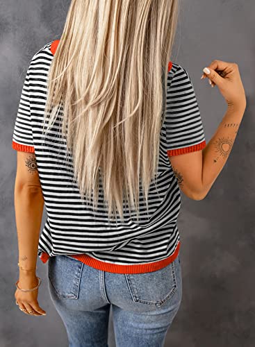Image of Womens Sweaters Casual Crewneck Short Sleeve Striped Color Block Knitted Cotton Trendy Pullover Sweater Tops