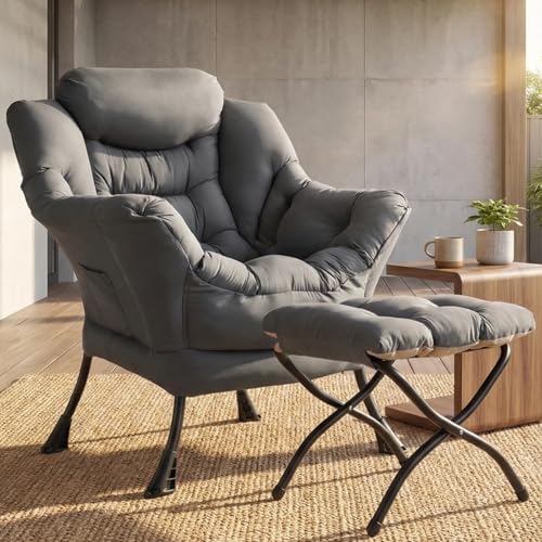 Clevich Ohrensessel mit Hocker, Lazy Chair, Moderner Sessel Wohnzimmer mit Seitentasche & Fußstütze, Lesesessel, Bequem Loungesessel für Wohnzimmer, Schlafzimmer, Schlafsaal, Büro (Dunkelgrau)