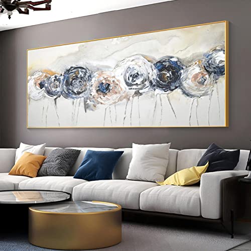 Peinture sur toile fleur blanc bleu abstrait moderne 70x140 cm decoration maison