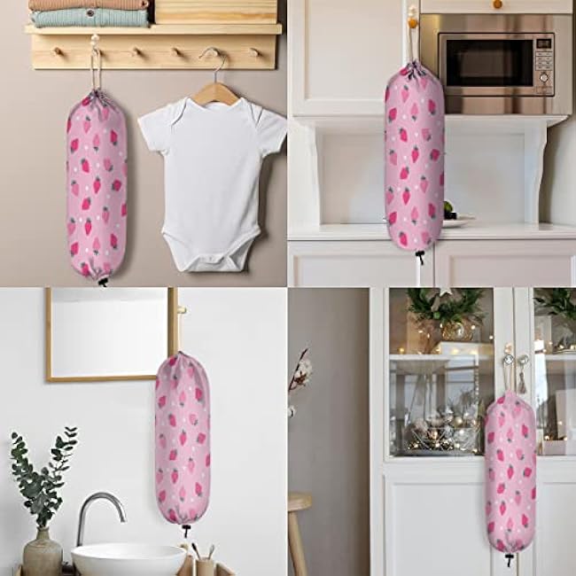 Strawberry Pink Patterns Plastic Bag Holder Cute Wall Mount Plastic Bag Organizer Reusable Large Grocery Bag Storage Dispenser for Home Kitchen Travelling 22x9