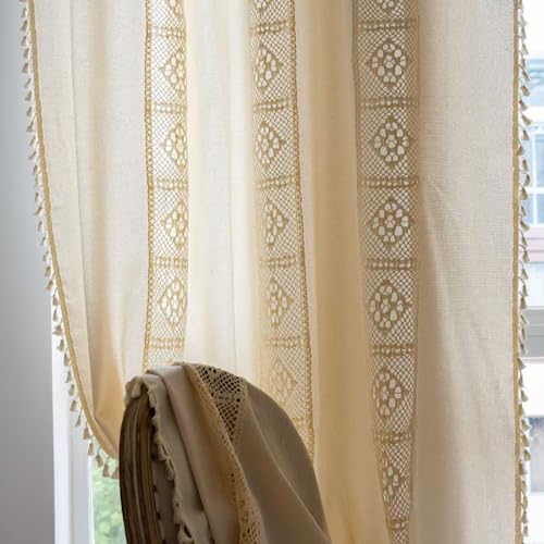 Deeprove Boho Curtains 96 Inches Long, Bohemian Window Treatment Semi Sheer Crochet Cream Cotton Patchwork Drape Handmade Tassels, Rod Pocket Farmhouse Chic Bedroom Decor 1 Panel 59" W x 96" L, Beige