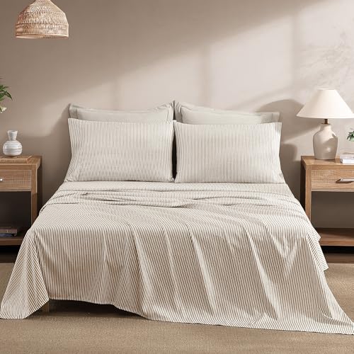 Image of Monbix Full Size Comforter Sets-7 Pieces Soft Bed in a Bag Full Bedding Set | All Season Beige Prewashed Comforter Bed Set with Striped Sheets, Pillowcases & Shams