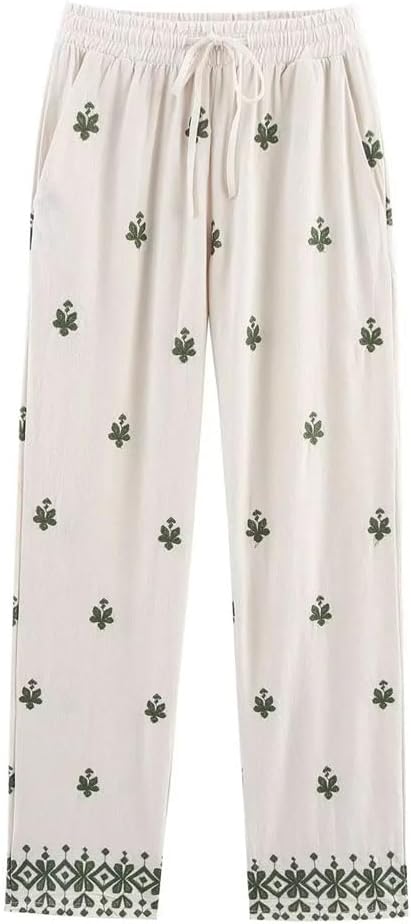 Women's Wide-Leg Mid-Rise Trousers with Contrasting Embroidery