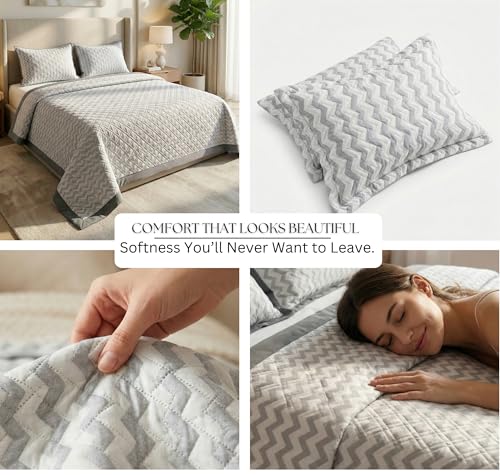 Image of BSB HOME 100% Cotton Ultrasonic Quilted Bedspread Set - 280 Thread Count, Stitch-Free Soft Lightweight Coverlet, King Size 90 x 100 Inches, Breathable Bed Cover with 2 Pillow Cases (Dove Grey) | Breathable Material