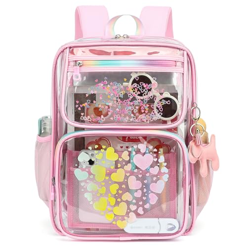 Clear Backpacks for School Girls, Heavy Duty TPU Transparent Bookbags Stadium Events Approved See Through Backpack (Pink)