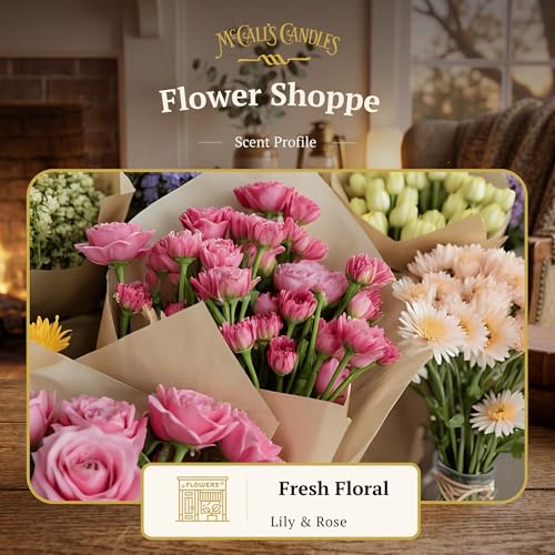 Image of McCall's Candles | Flower Shoppe | 16 oz Two-Wick Scented Candle | USA-Poured | Vintage Rustic Jar with Carrying Handle | Fresh-Cut Floral Bouquet Fragrance