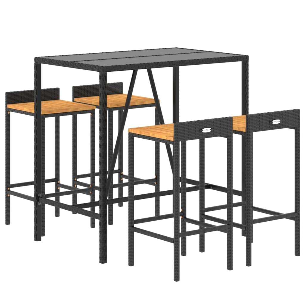 vidaXL Mesa Bar y taburetes jardín 5 pzas Madera Acacia ratán PE Negro