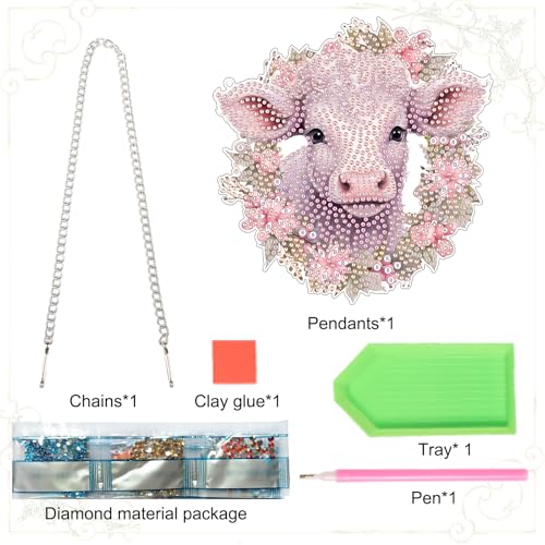 Image of Cow in Floral Wreath Diamond Painting Hanging Kit, DIY 5D Acrylic Rhinestones Diamond Art Pendant, Animal Diamond Art Ornament for Wall, Window, Door, or Home Decoration, Handmade Gift for Adults