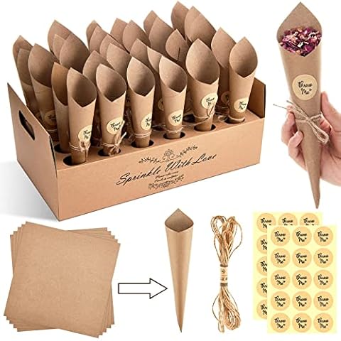 Zomiboo Set 30 Conos de Papel Kraft con 30 Pegatinas Cono de Confeti de Boda Caja de Cono con Cuerda Soporte de Cono de Confeti para Chuches Pétalos Flores Fiesta (Color de Papel Marrón) Cover