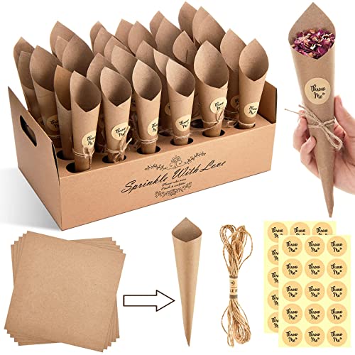 Zomiboo 30 Pièces Set de Boîte Support Cône Confettis à Bouquet Pétales Cornet en Papier pour Mariage Comprenant Cordes et Autocollants Adhésifs (Couleur Brun), 37 x 22 2 cm