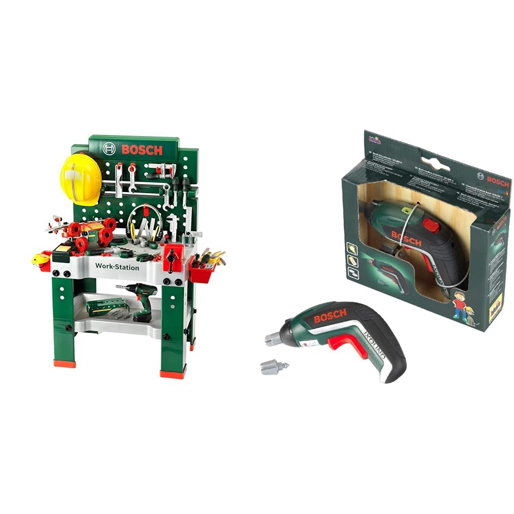 Theo Klein 8485 Bosch Werkbank Nr. 1 | 150-teilig | Inkl. Werkzeuge Und Zubehör & Theo Klein Bosch Akkuschrauber Ixolino | Batteriebetriebener Akkuschrauber mit Licht und Sound