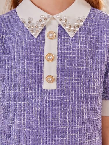 WDIRARA Girl's Pearls Trim Tweed Contrast Collar Button Front Short Sleeve Casual Dress4