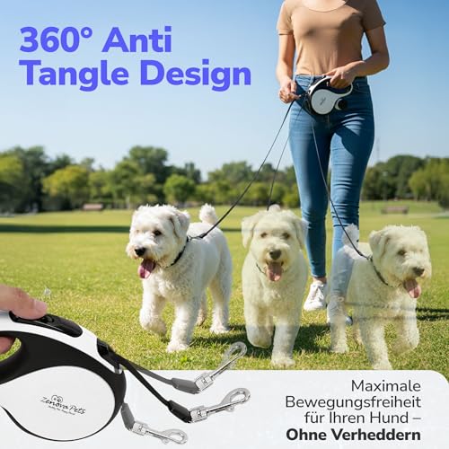 Zenova Pets Hundeleine 5 m – Rollleine mit Kotbeutelhalter – Ausziehleine für Hunde jeder Größe – Laufleine mit 360° Nylonband, Anti-Rutsch-Griff & Schnellbremsknopf – Leine für Hunde bis 30 kg