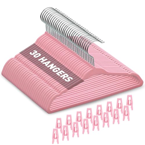 Image of Babyrish Velvet Baby Hangers with Clips (30 Pack) | 11” Ultra-Slim Baby Clothes Hangers | Non-Slip Felt | Space-Saving Nursery & Infant Closet Organizer | Pink