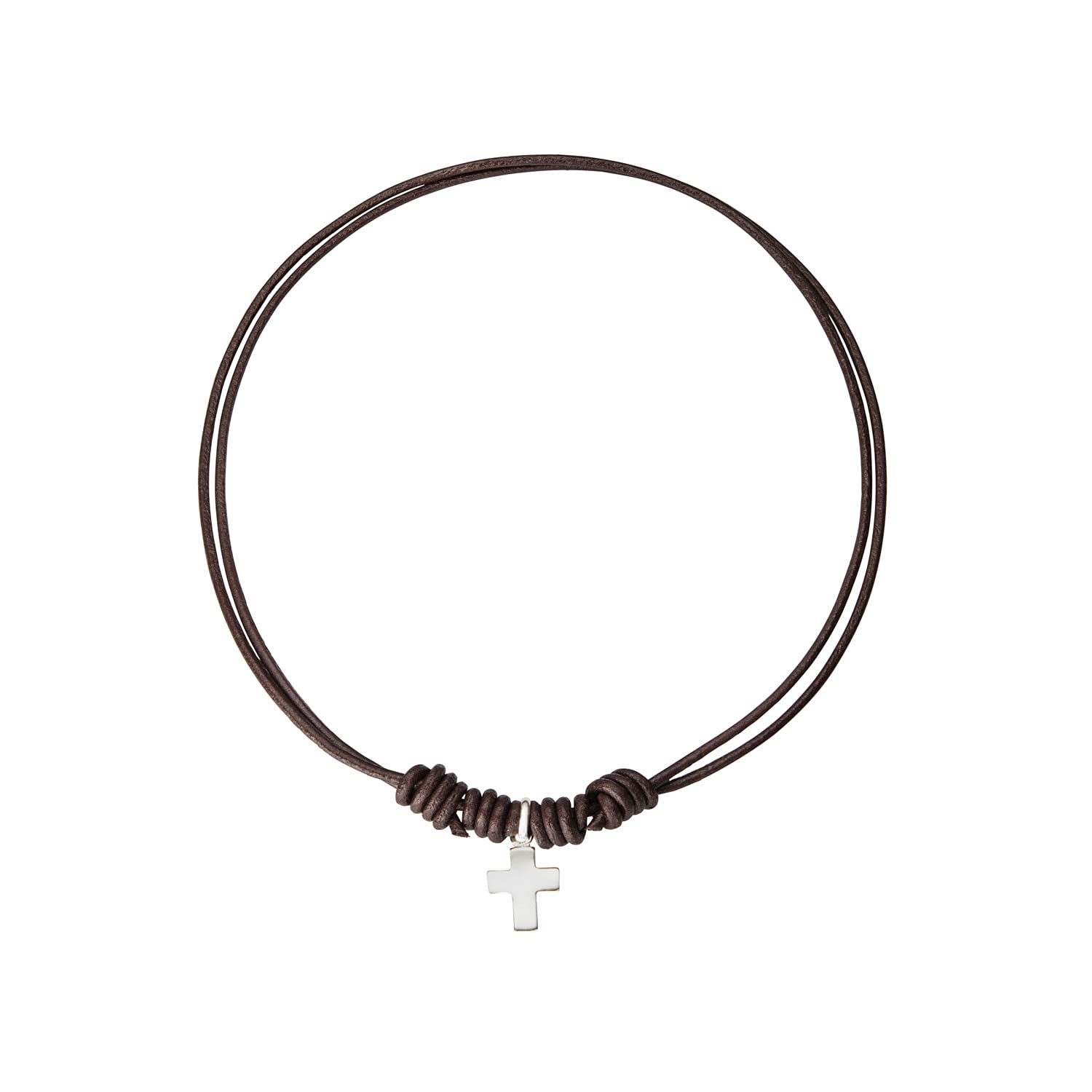Colgante religoso Cruz de Plata - Cordón de Cuero marrón Ajustable - Plata de Ley