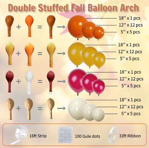 Fall Balloon Arch Kit – Double Stuffed Orange, Yellow, Red, Ivory White Boho Balloons Garland for Fall Decorations, Thanksgiving, Autumn Harvest Party, Pumpkin Birthday, Wedding, Baby Shower Backdrop