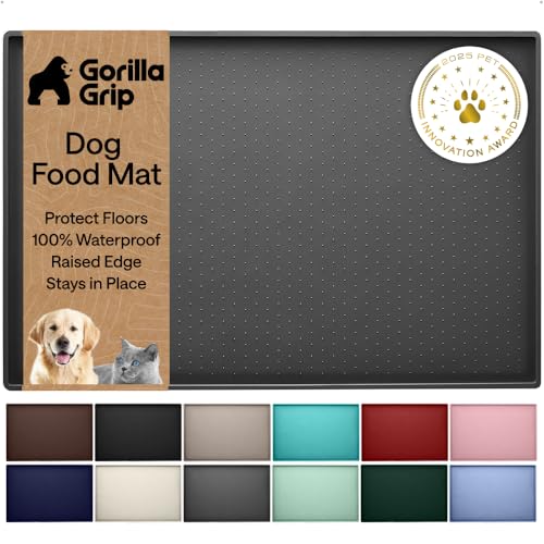 Image of GORILLA GRIP 100% Waterproof Raised Edge BPA Free Silicone Pet Feeding Mat, Dog Cat Food Mats Contain Spills Protects Floors, Placemats for Cats and Dogs Water Bowl, Pets Accessories 16x10, Charcoal